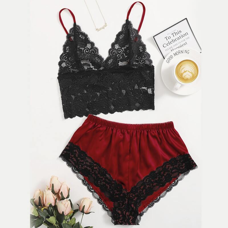 

Lace Trim Satin Cami PJ Set, Multicolor