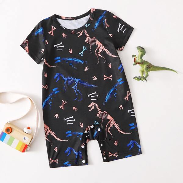 

Baby Boy Dinosaur Print Tee Romper, Black