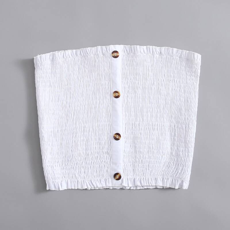 

Solid Button Front Shirred Crop Tube Top, White