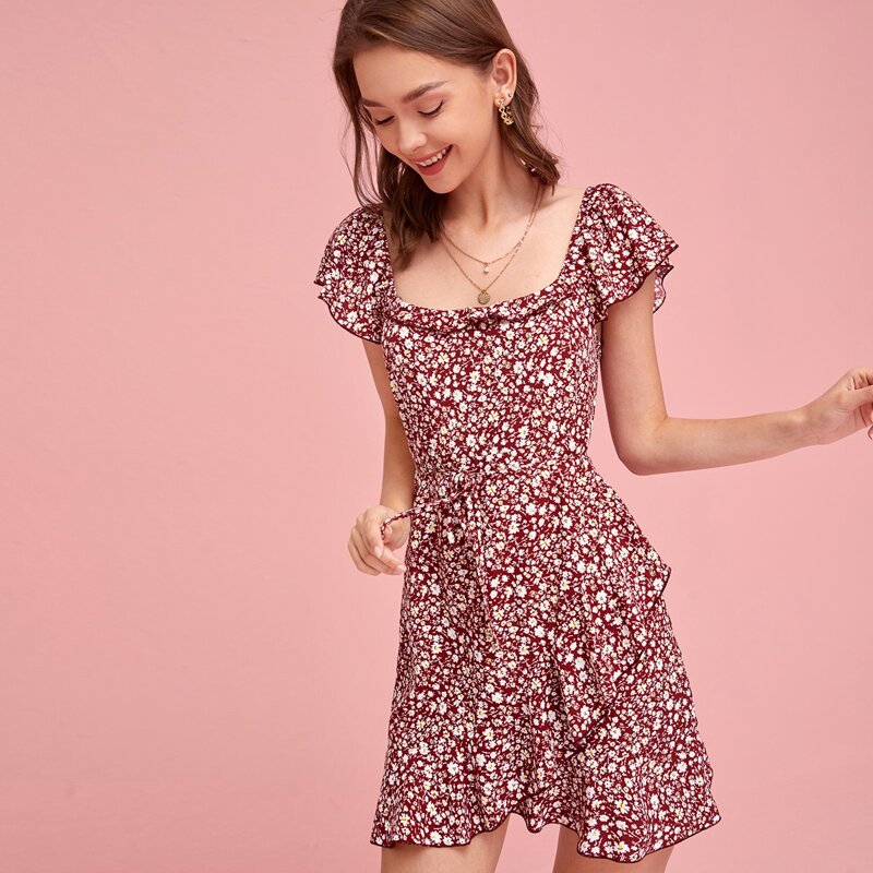 

Ditsy Floral Ruffle Dress, Red