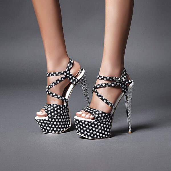 

Star Graphic Stiletto Heeled Sandals, Blue and white
