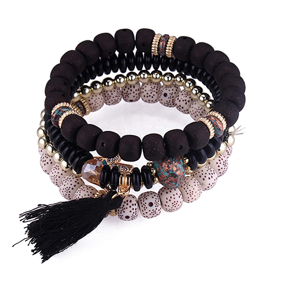 

4pcs Tassel Decor Beaded Bracelet, Black