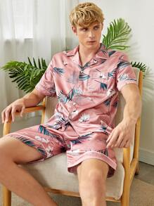 Men's Pink Tropical Floral Print Pajama Set Short Sleeve Regular Fit Loungewear With Collar And Pocket - Pink - View 1