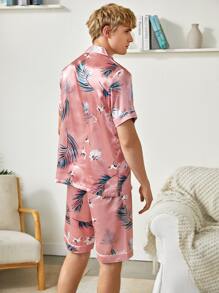 Men's Pink Tropical Floral Print Pajama Set Short Sleeve Regular Fit Loungewear With Collar And Pocket - Pink - View 2
