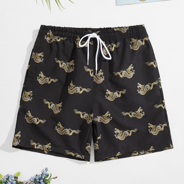 

Men Chinese Dragon Print Drawstring Swim Trunks, Black
