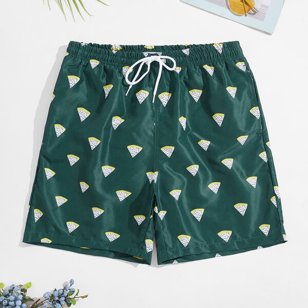 

Men Allover Fruit Print Drawstring Swim Shorts, Dark green