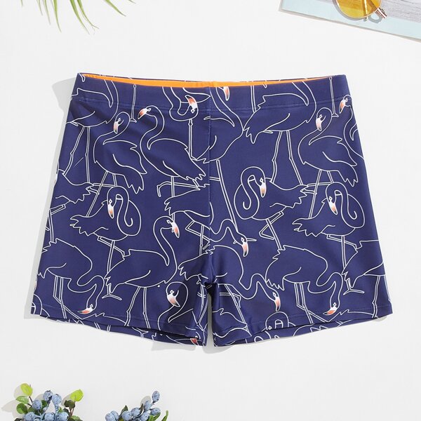 

Men Flamingo Print Drawstring Swim Trunks, Navy blue