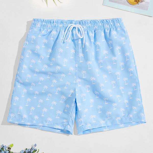 Men Tropical Print Swim Trunks, Baby blue