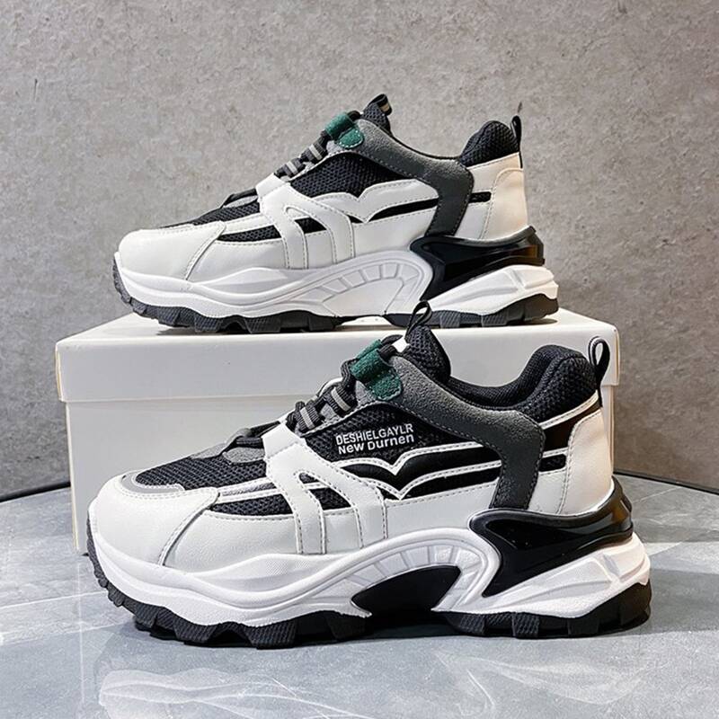 

Colorblock Lace-up Mesh Chunky Sneakers, Black and white