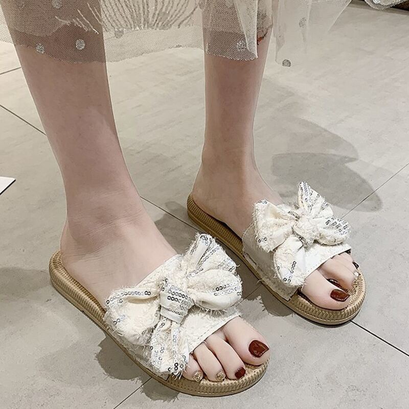 

Sequin Bow Slide Sandals, Beige