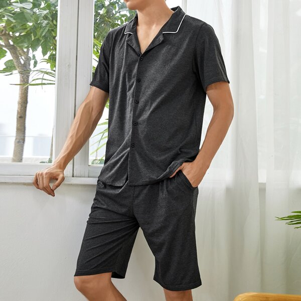 

Men Contrast Binding Lapel Collar PJ Set, Dark grey