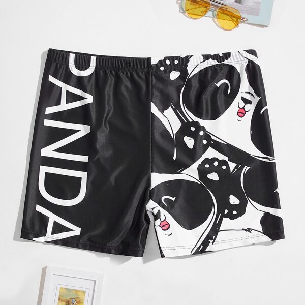 

Men Letter & Cartoon Graphic Swim Trunks, Black and white