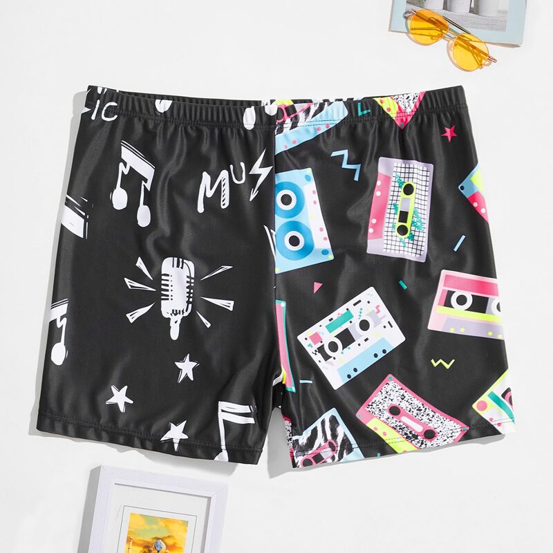 

Guys Letter & Cartoon Graphic Swim Trunks, Black