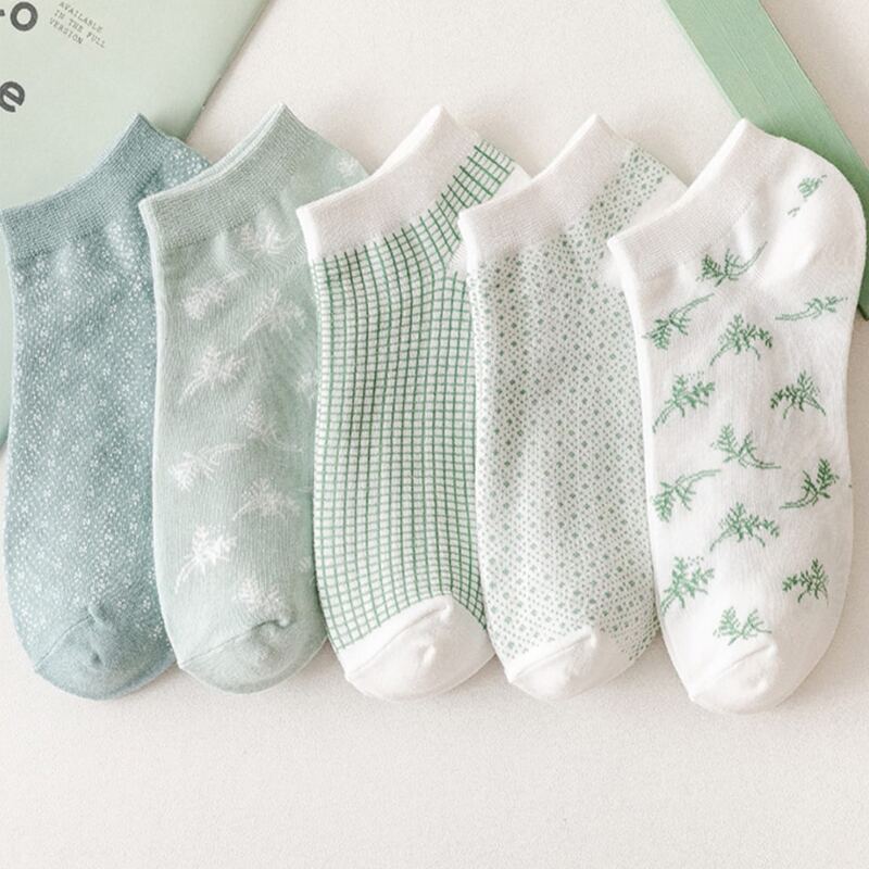 

5pairs Plaid & Leaf Ankle Socks, Multicolor