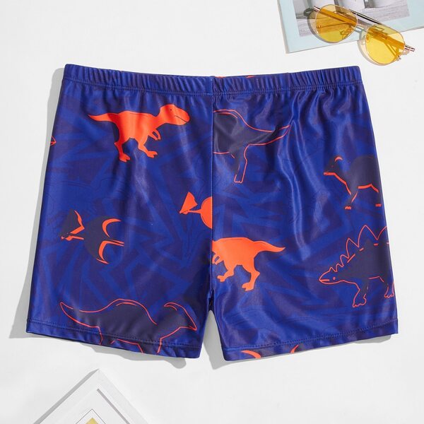 Men Cartoon Dinosaur Print Swim Trunks, Navy blue