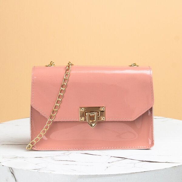 

Metal Lock Flap Chain Square Bag, Pink
