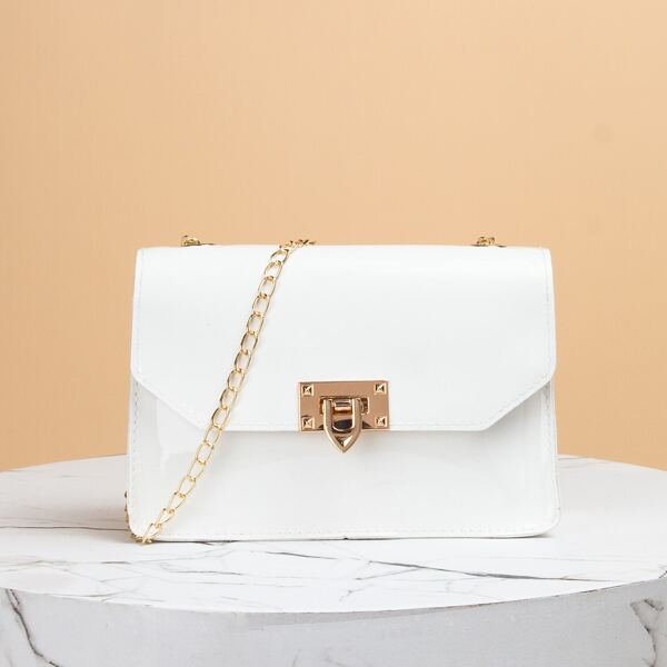 

Metal Lock Flap Chain Square Bag, White