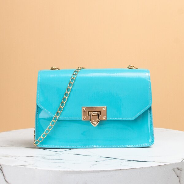 

Metal Lock Flap Chain Square Bag, Blue