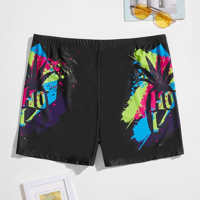 

Guys Paint Splatter And Letter Graphic Square Leg Swim Trunks, Black