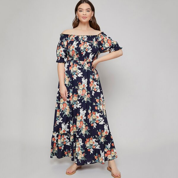 

Plus Off Shoulder Shirred Bodice Floral Print Dress, Multicolor