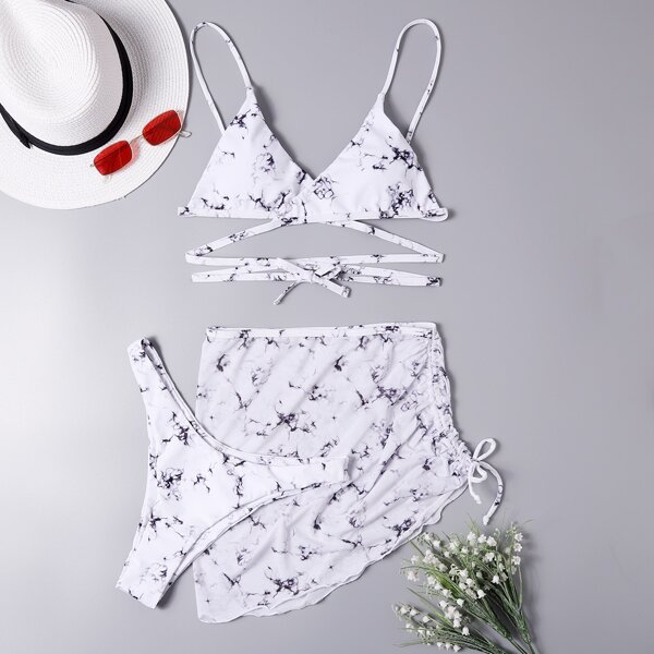 

3pack Marble Pattern Bikini Swimsuit & Beach Skirt, Black and white