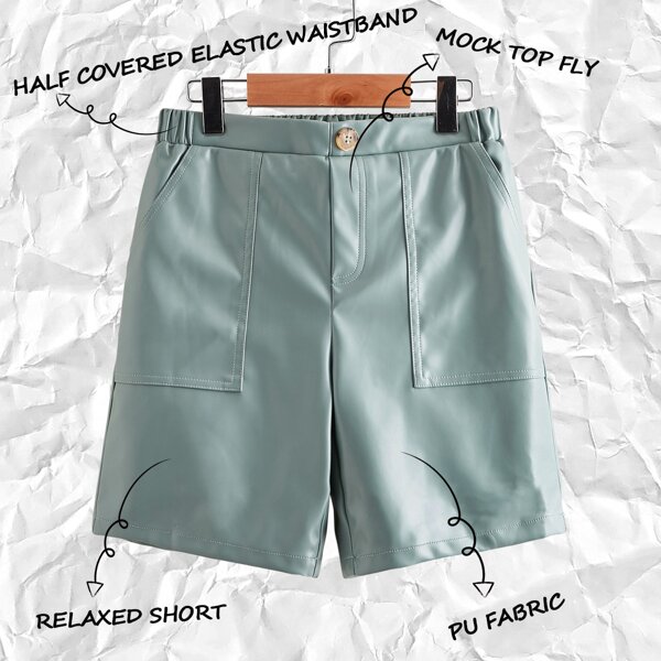 

Boys Patch Pocket Side PU Leather Shorts, Mint green