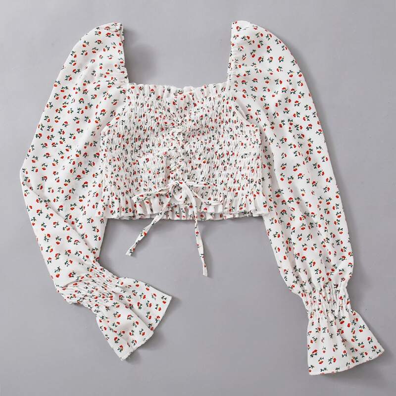 

Ditsy Floral Shirred Crop Top, White