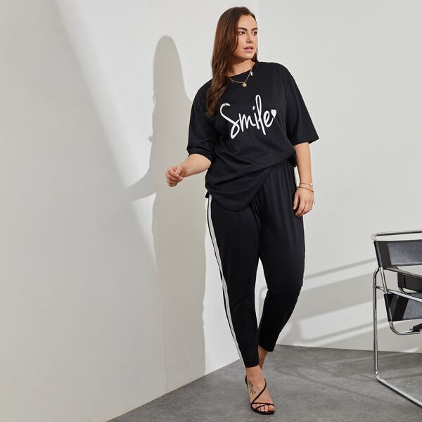

Plus Letter Graphic Tee With Side Stripe Sweatpants, Black