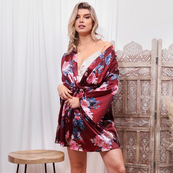 

Plus Satin Allover Floral Belted Robe, Multicolor