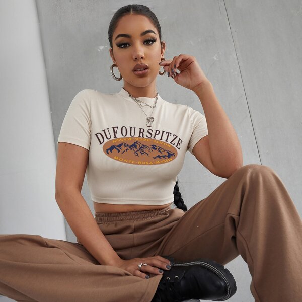 

Letter And Graphic Print Tee, Beige