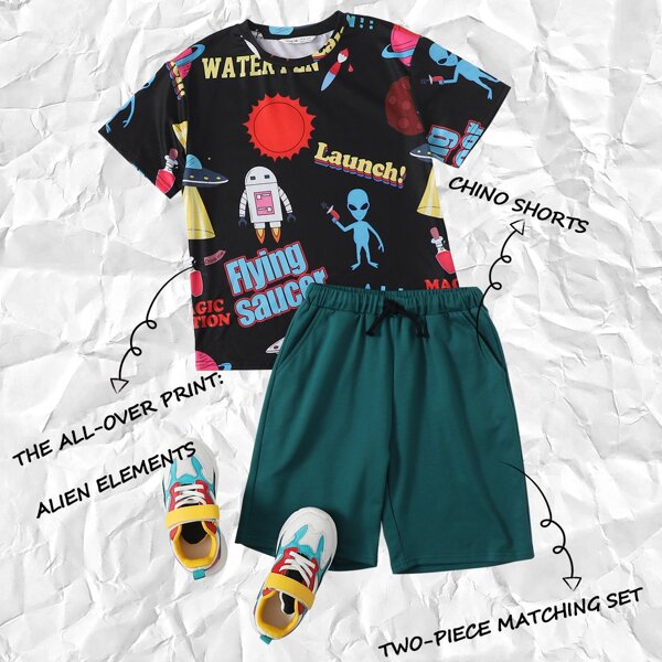 

Boys Cartoon Graphic Tee & Drawstring Track Shorts Set, Multicolor