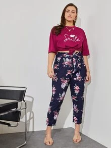 大碼花卉紙包腰腰帶褲子 - 藏蓝色 - 查看 3