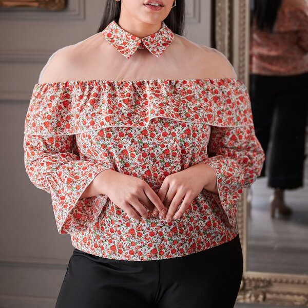 

Plus Ditsy Floral Mesh Insert Blouse, Multicolor