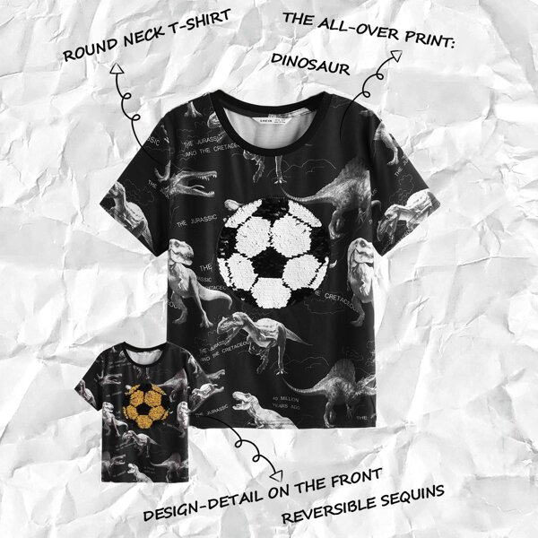 

Boys Double Sided Sequin Patch Dinosaur & Letter Graphic Tee, Black
