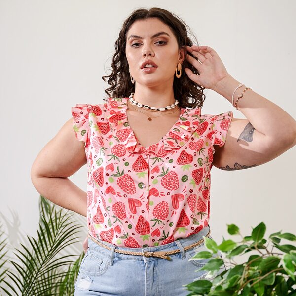 

Plus Allover Strawberry And Heart Print Blouse, Pink