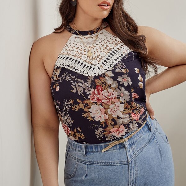 

Plus Floral Print Contrast Guipure Lace Halter Top, Multicolor