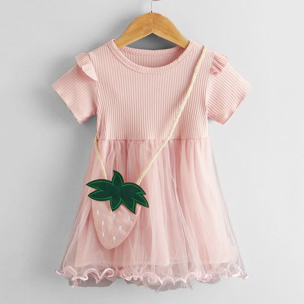 

Toddler Girls Mesh Panel Strawberry Patched Dress & Bag, Baby pink