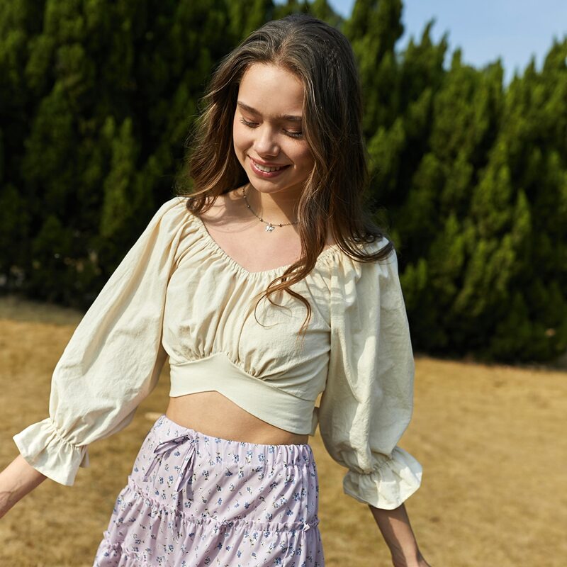 

Solid Ruched Tie Back Crop Top, Apricot