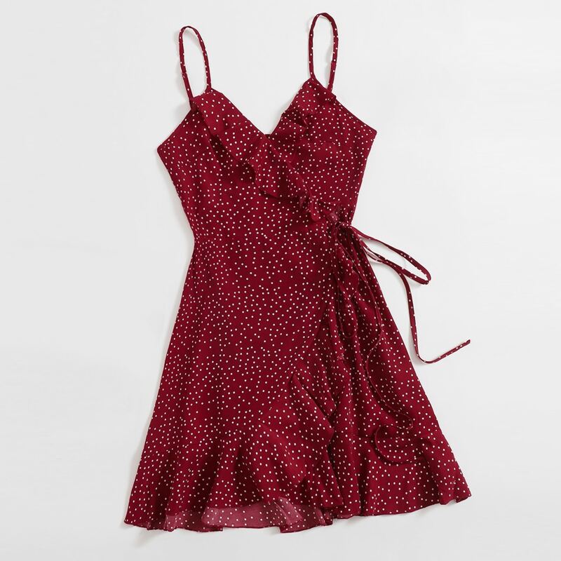 

Polka Dot Wrap Cami Dress, Red
