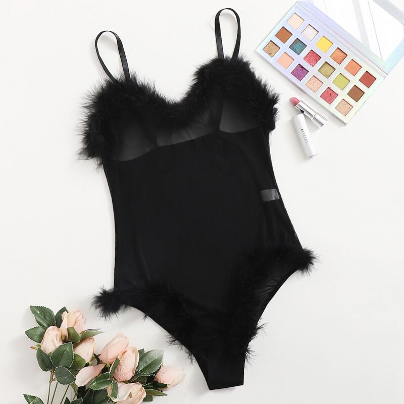 

Fuzzy Trim Mesh Teddy Bodysuit, Black