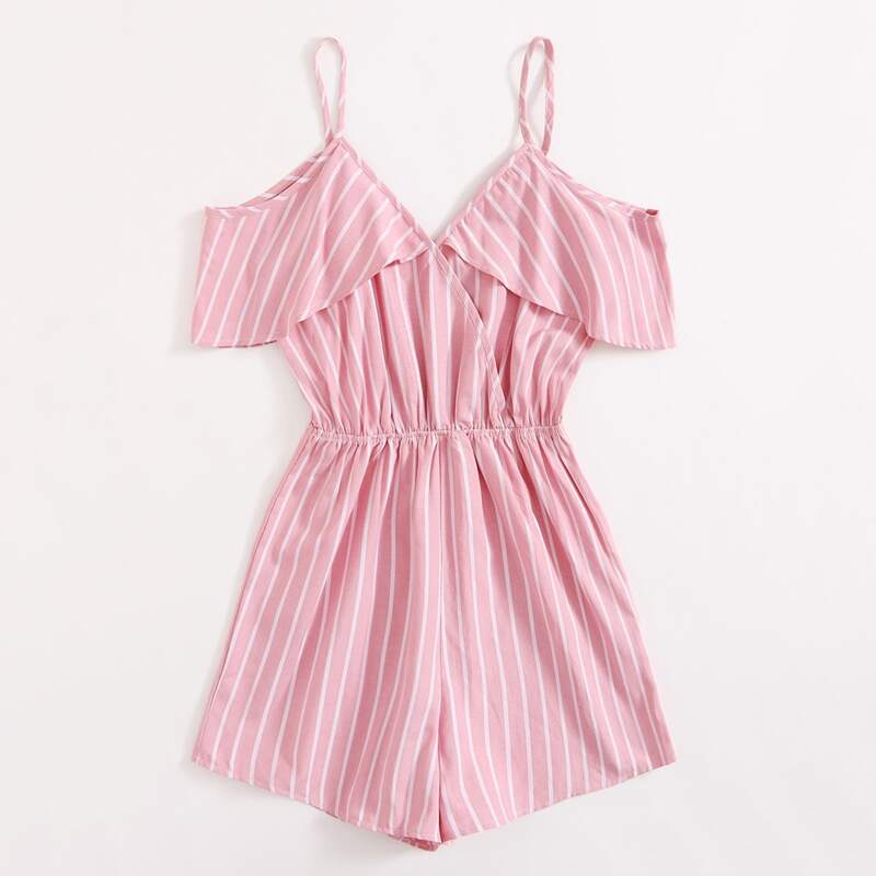 

Striped Ruffle Romper, Pink