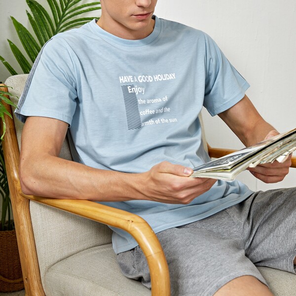 

Men Slogan Graphic Tee & Shorts PJ Set, Multicolor