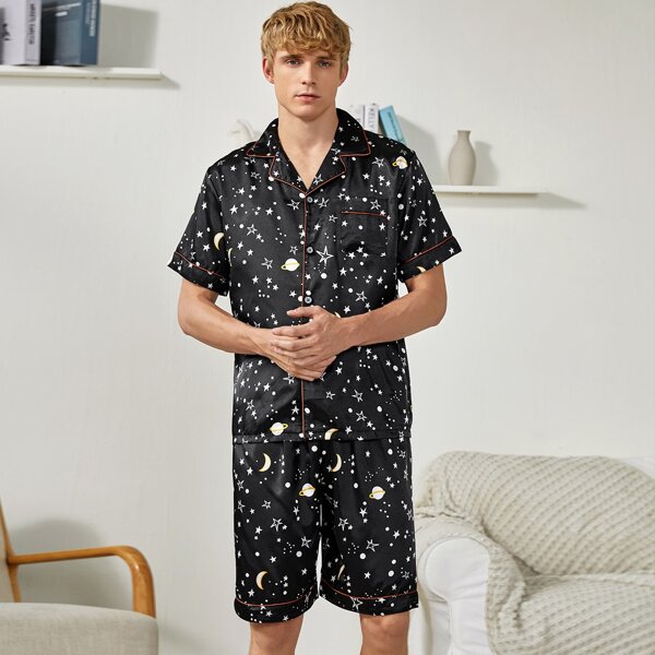 

Men Satin Galaxy Print Contrast Binding PJ Set, Black