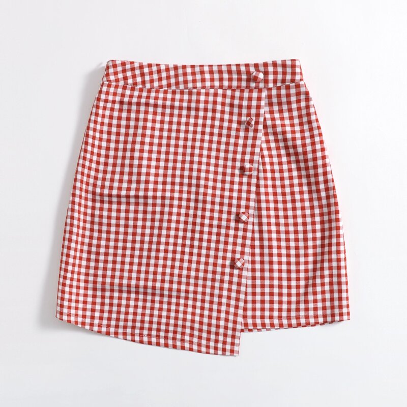 

Gingham Button Wrap Skirt, Red and white