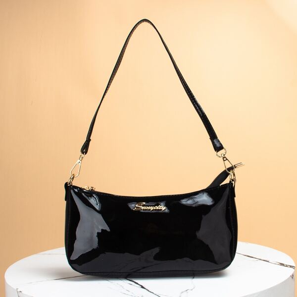 

Metal Letter Detail Baguette Bag, Black
