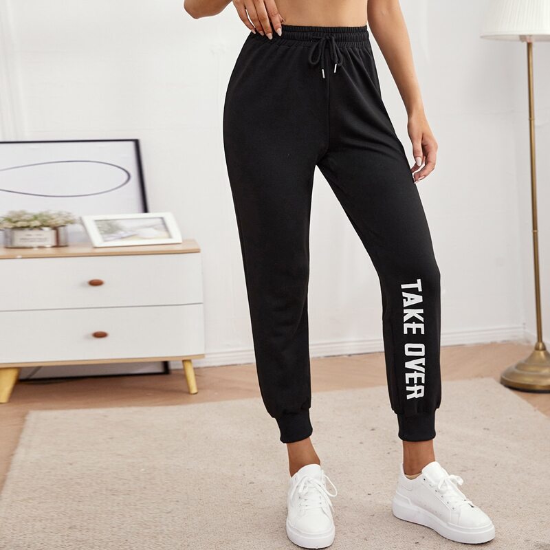 

Slogan Graphic Drawstring Waist Sports Pants, Black