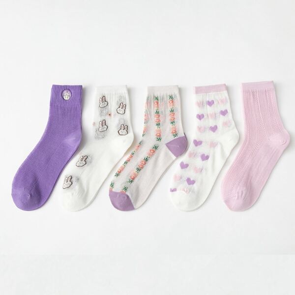 

5pairs Heart Print Crew Socks, Multicolor
