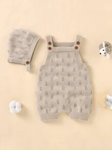 Baby Unisex Solid Button Detail Knit Romper With Hat