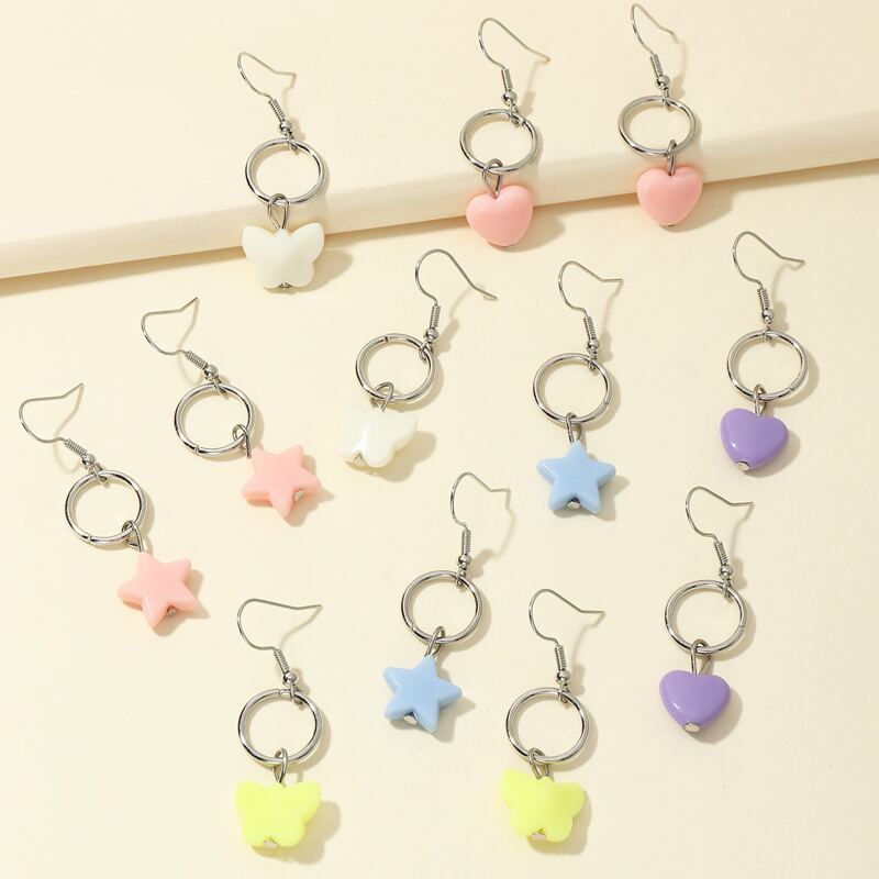 

6pairs Heart & Star Drop Earrings, Multicolor