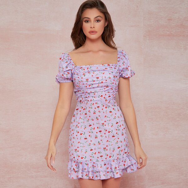 

Layered Ruffle Hem Ditsy Floral Print Dress, Lilac purple